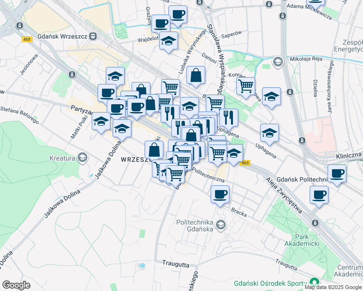 map of restaurants, bars, coffee shops, grocery stores, and more near 19/23 Aleja Grunwaldzka in Gdańsk