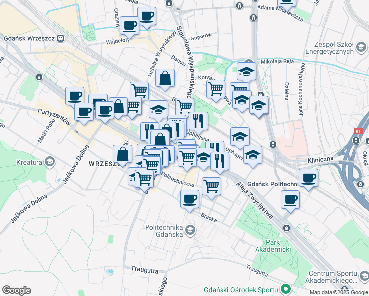map of restaurants, bars, coffee shops, grocery stores, and more near 19/23 Aleja Grunwaldzka in Gdansk