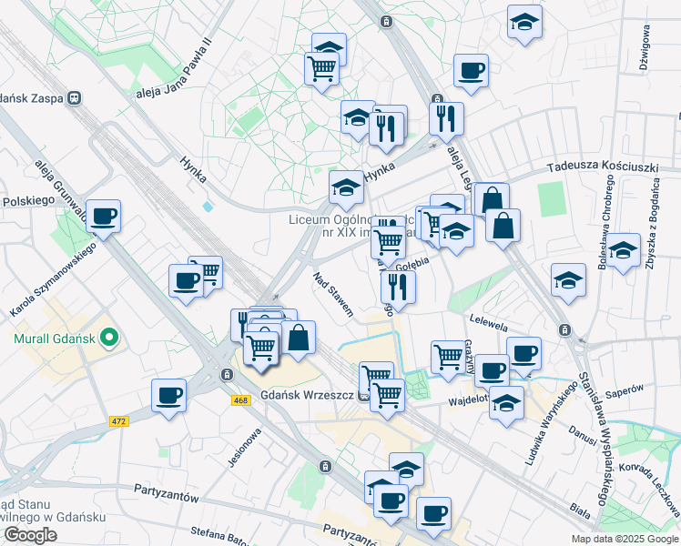 map of restaurants, bars, coffee shops, grocery stores, and more near 13 Nad Stawem in Gdańsk