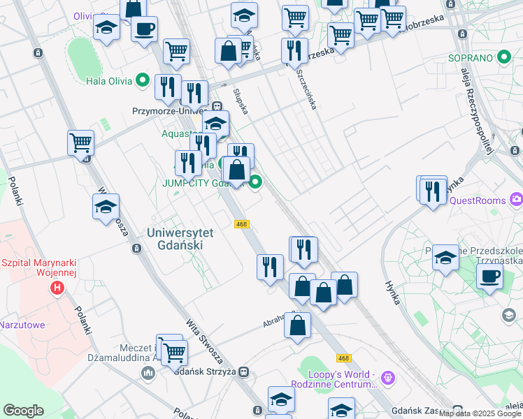 map of restaurants, bars, coffee shops, grocery stores, and more near 345 aleja Grunwaldzka in Gdańsk