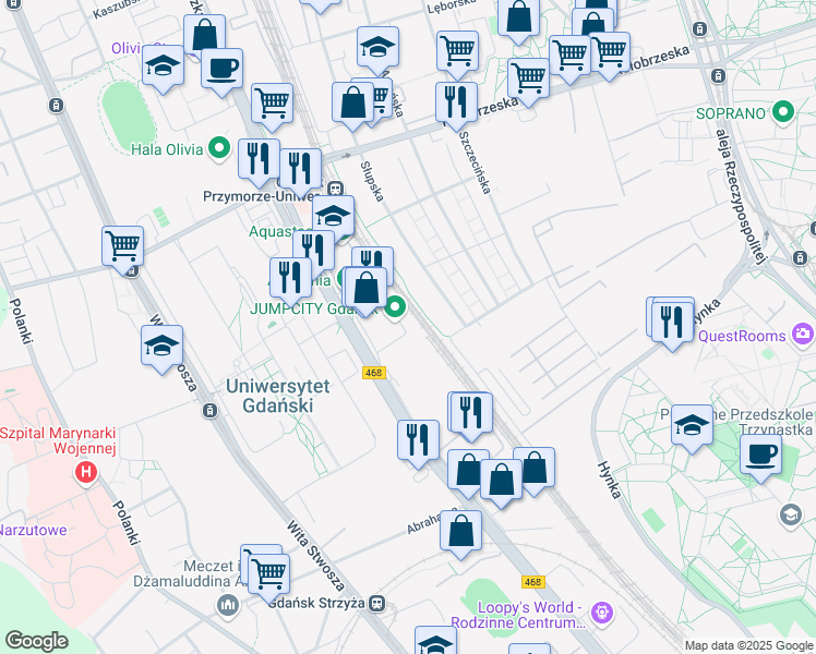 map of restaurants, bars, coffee shops, grocery stores, and more near 345 aleja Grunwaldzka in Gdańsk