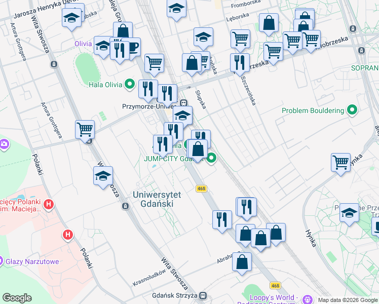 map of restaurants, bars, coffee shops, grocery stores, and more near 411-415 aleja Grunwaldzka in Gdańsk