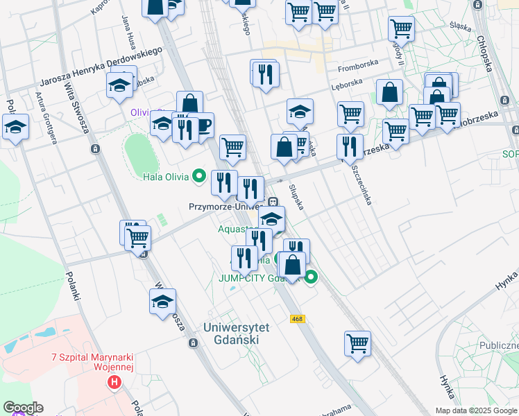 map of restaurants, bars, coffee shops, grocery stores, and more near 415 Aleja Grunwaldzka in Gdańsk