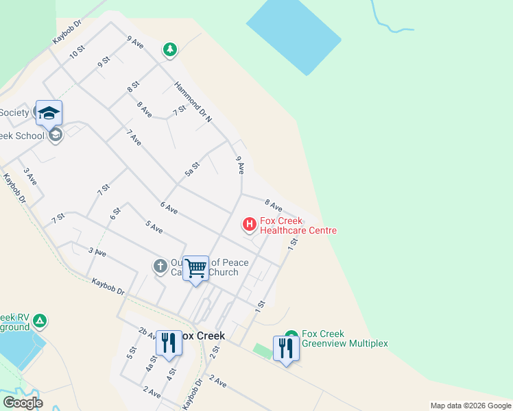 map of restaurants, bars, coffee shops, grocery stores, and more near 600 3 Street in Fox Creek