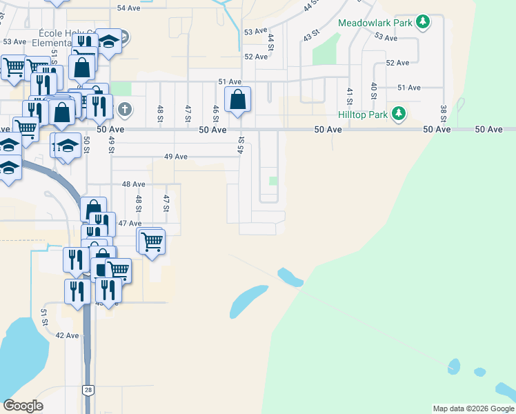 map of restaurants, bars, coffee shops, grocery stores, and more near 48 Wildwood Trailer Court in Cold Lake