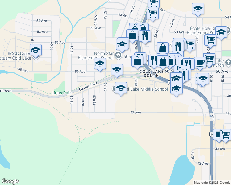 map of restaurants, bars, coffee shops, grocery stores, and more near 5533 48 Avenue in Cold Lake