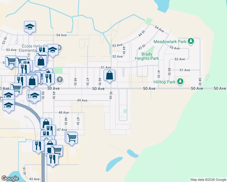 map of restaurants, bars, coffee shops, grocery stores, and more near 4413 50 Avenue in Cold Lake
