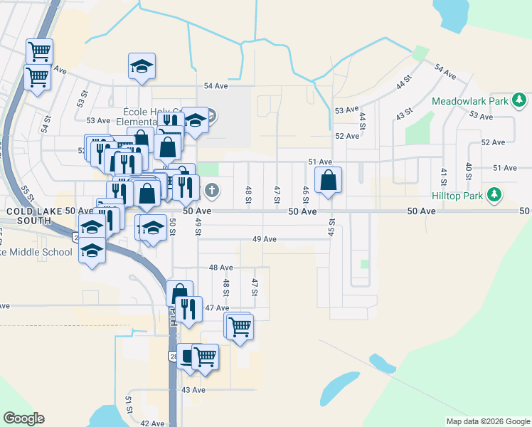 map of restaurants, bars, coffee shops, grocery stores, and more near 5005 47 Street in Cold Lake