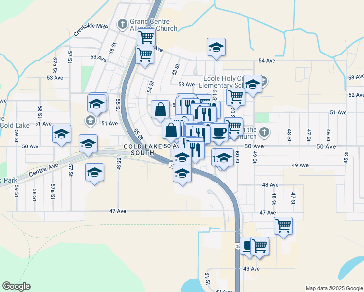 map of restaurants, bars, coffee shops, grocery stores, and more near 5210 50 Avenue in Cold Lake