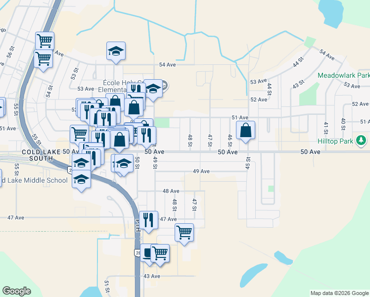 map of restaurants, bars, coffee shops, grocery stores, and more near 5002 48 Street in Cold Lake