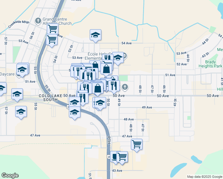 map of restaurants, bars, coffee shops, grocery stores, and more near 4917 51 Avenue in Cold Lake