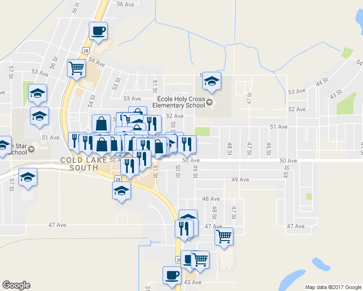 map of restaurants, bars, coffee shops, grocery stores, and more near 4917 51 Avenue in Cold Lake