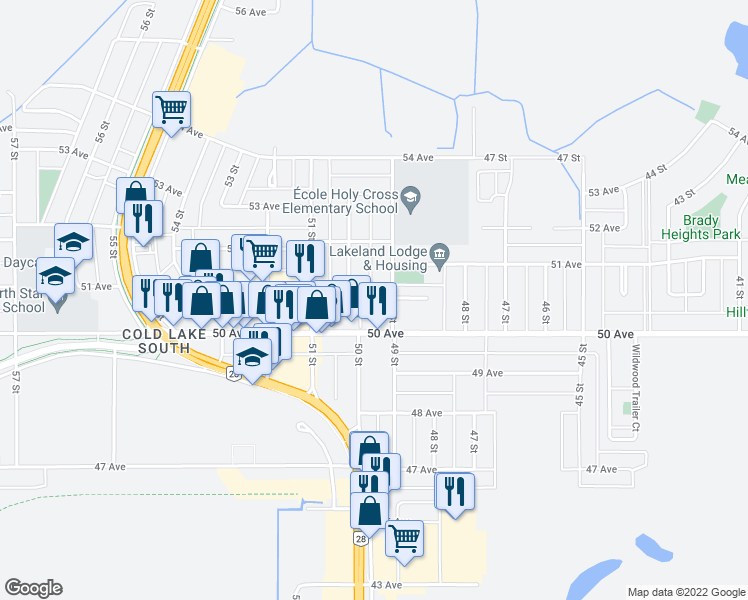 map of restaurants, bars, coffee shops, grocery stores, and more near 4911 51 Avenue in Cold Lake