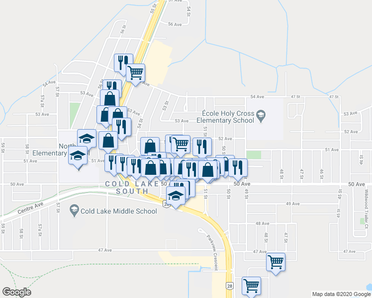 map of restaurants, bars, coffee shops, grocery stores, and more near 5204 52 Avenue in Cold Lake