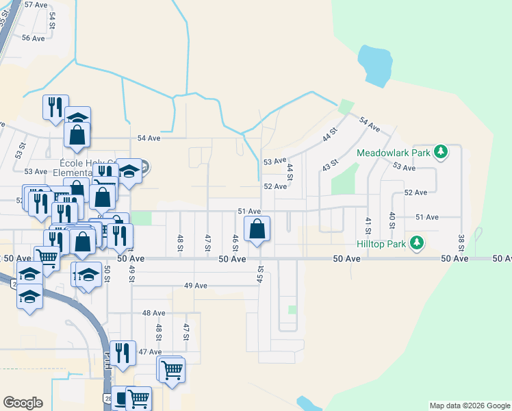 map of restaurants, bars, coffee shops, grocery stores, and more near 4502 51 Avenue in Cold Lake