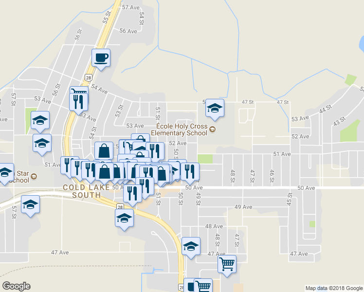 map of restaurants, bars, coffee shops, grocery stores, and more near 5113 50 Street in Cold Lake
