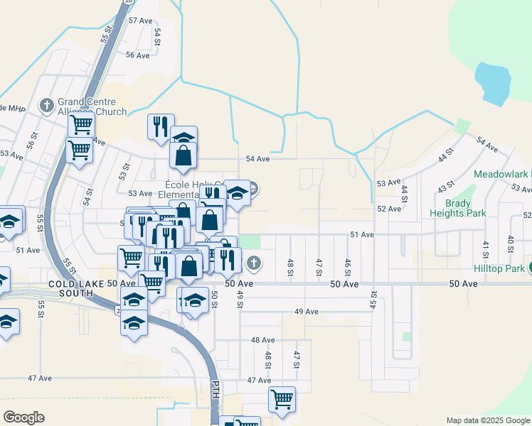 map of restaurants, bars, coffee shops, grocery stores, and more near 5201 49 Street in Cold Lake