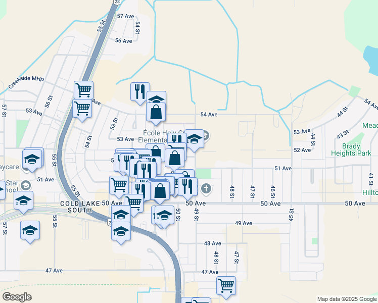 map of restaurants, bars, coffee shops, grocery stores, and more near 5202 49 Street in Cold Lake