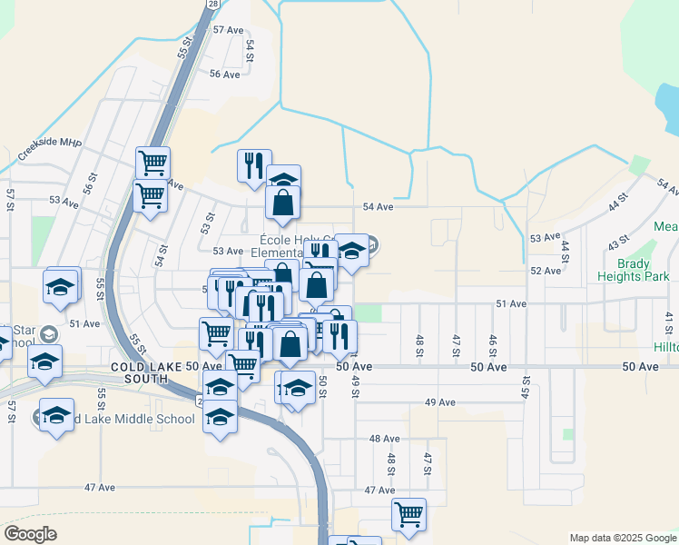 map of restaurants, bars, coffee shops, grocery stores, and more near 5202 49 Street in Cold Lake
