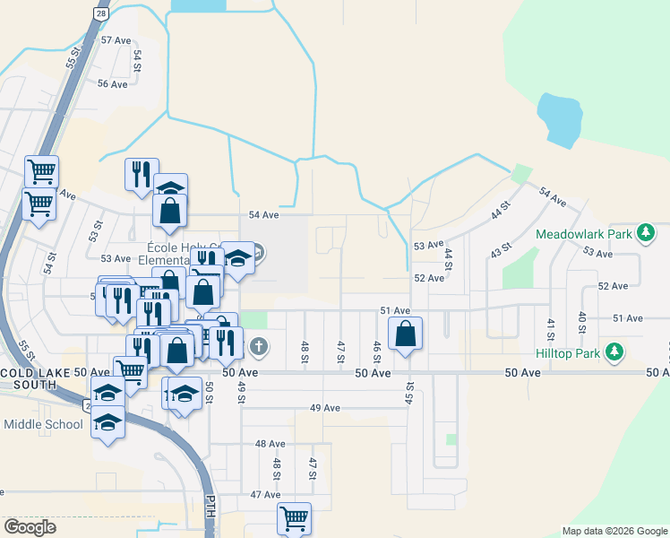 map of restaurants, bars, coffee shops, grocery stores, and more near 4618 51 Avenue in Cold Lake