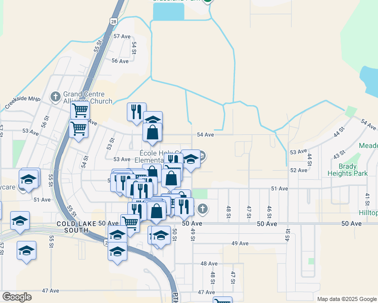 map of restaurants, bars, coffee shops, grocery stores, and more near 5201 49 Street in Cold Lake