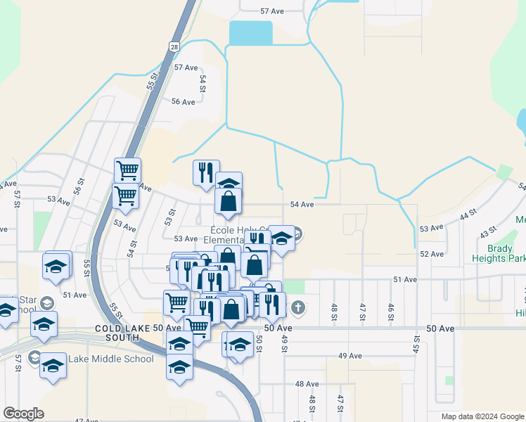 map of restaurants, bars, coffee shops, grocery stores, and more near 5002 53 Avenue in Cold Lake