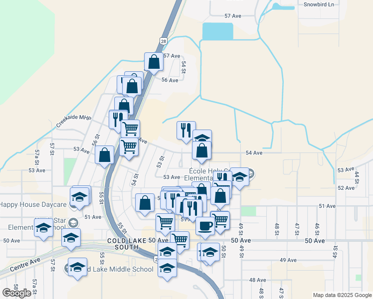 map of restaurants, bars, coffee shops, grocery stores, and more near 5112 54 Avenue in Cold Lake