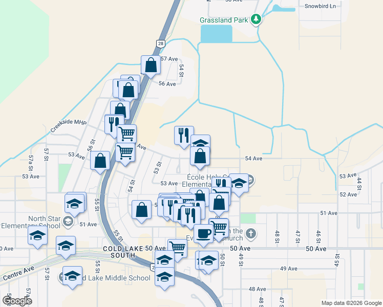 map of restaurants, bars, coffee shops, grocery stores, and more near 5104 54 Avenue in Cold Lake