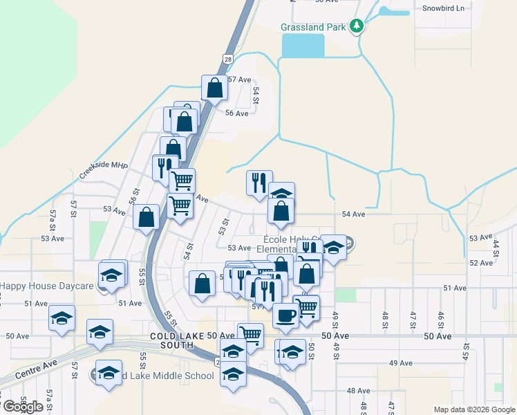 map of restaurants, bars, coffee shops, grocery stores, and more near 5112 54 Avenue in Cold Lake