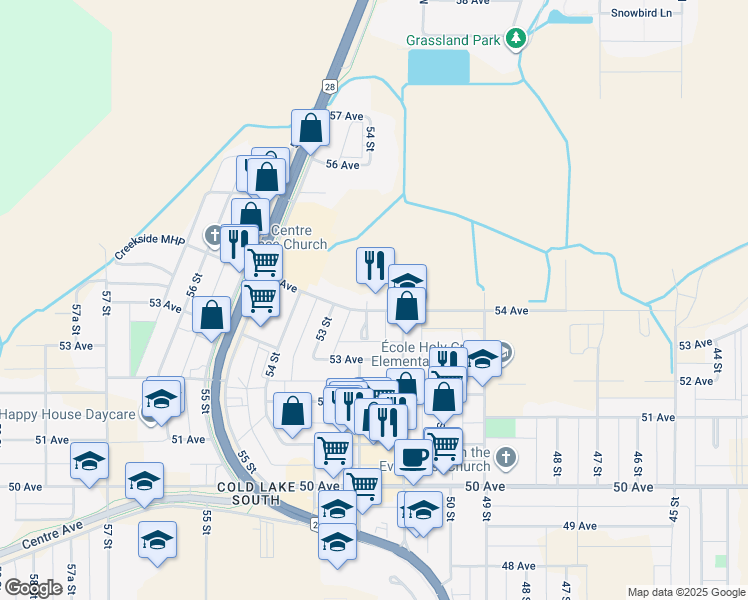 map of restaurants, bars, coffee shops, grocery stores, and more near 5112 54 Avenue in Cold Lake