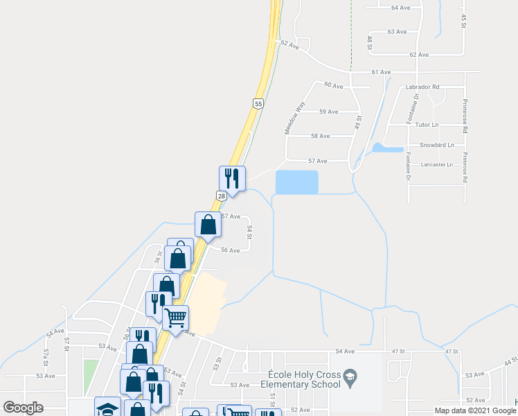 map of restaurants, bars, coffee shops, grocery stores, and more near 5623 54 Street in Cold Lake