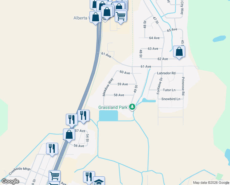 map of restaurants, bars, coffee shops, grocery stores, and more near 4922 58 Avenue in Cold Lake