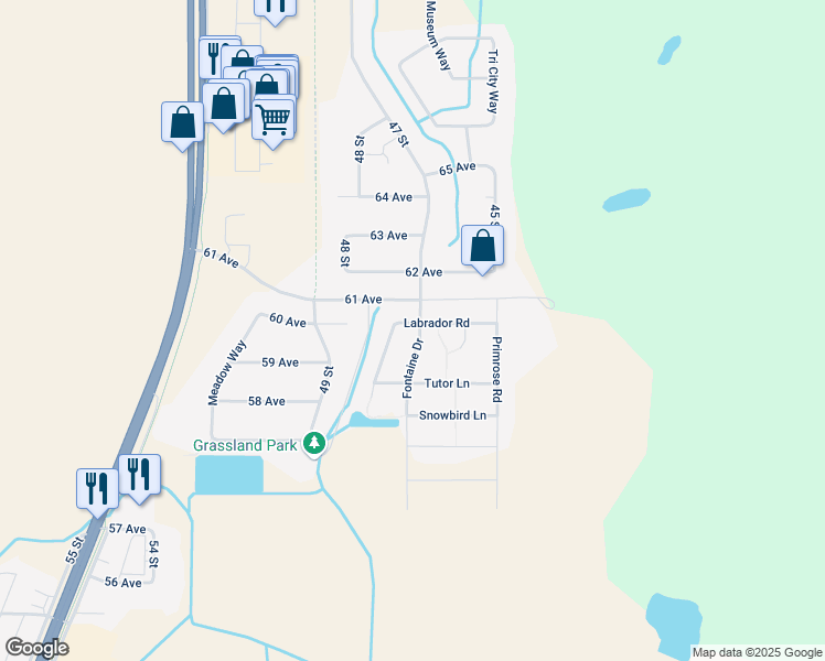 map of restaurants, bars, coffee shops, grocery stores, and more near 4706 Labrador Road in Cold Lake