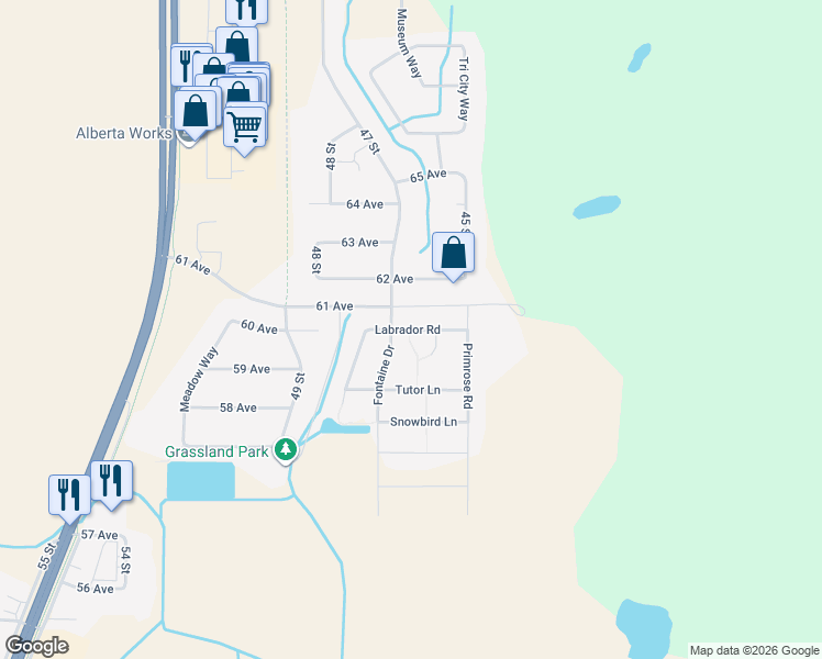map of restaurants, bars, coffee shops, grocery stores, and more near 4608 Labrador Road in Cold Lake