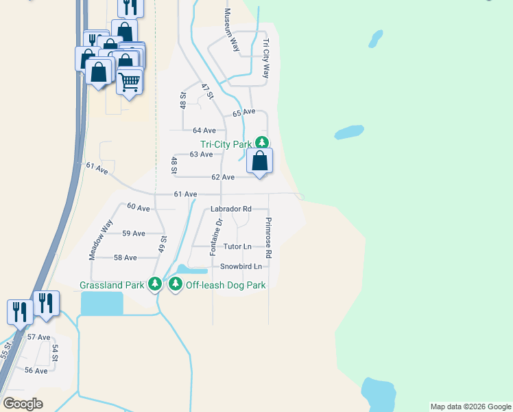 map of restaurants, bars, coffee shops, grocery stores, and more near 4508 Labrador Road in Cold Lake