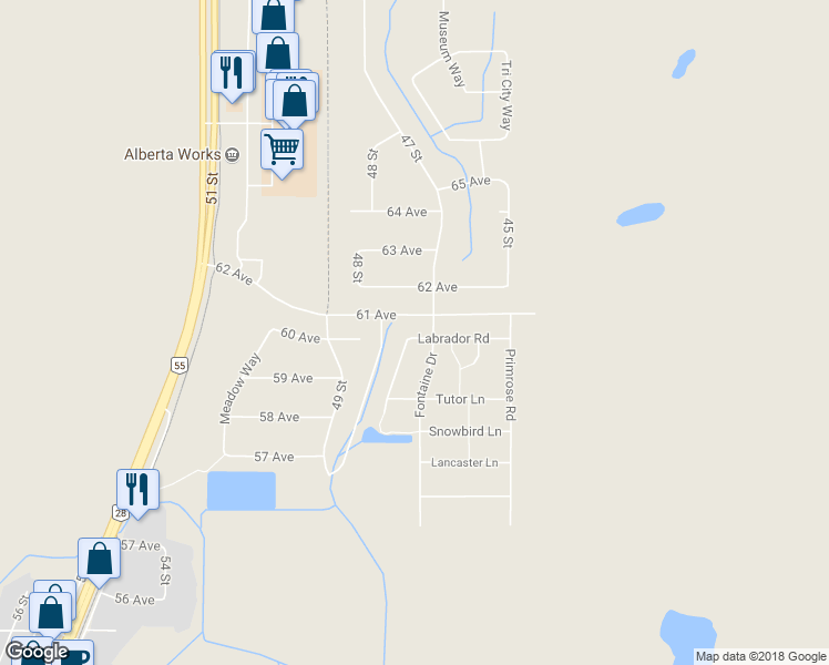 map of restaurants, bars, coffee shops, grocery stores, and more near 4706 Labrador Road in Cold Lake