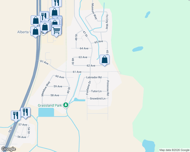 map of restaurants, bars, coffee shops, grocery stores, and more near 4608 Labrador Road in Cold Lake
