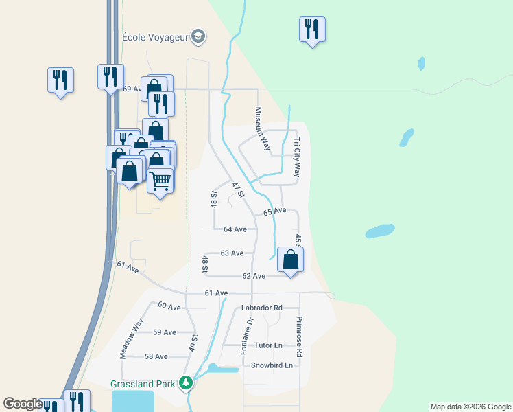 map of restaurants, bars, coffee shops, grocery stores, and more near 6503 47 Street in Cold Lake