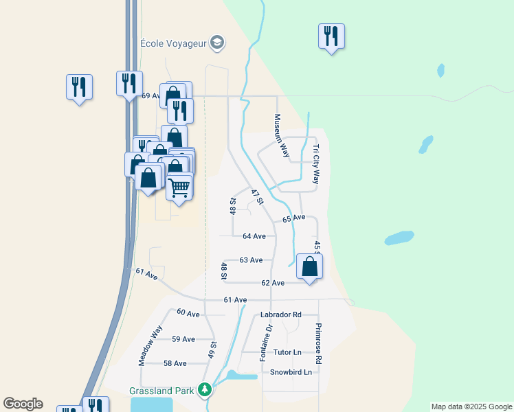 map of restaurants, bars, coffee shops, grocery stores, and more near 6506 47 Street in Cold Lake