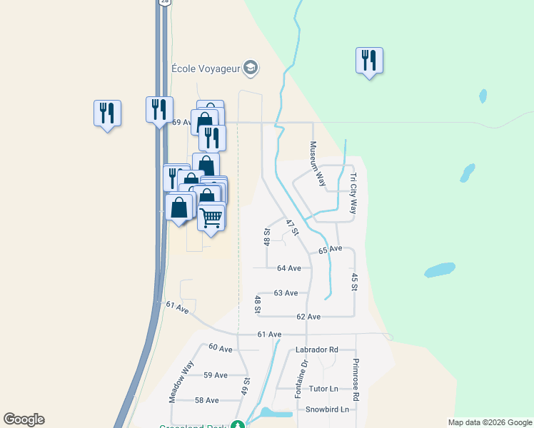 map of restaurants, bars, coffee shops, grocery stores, and more near 6600 48 Street in Cold Lake