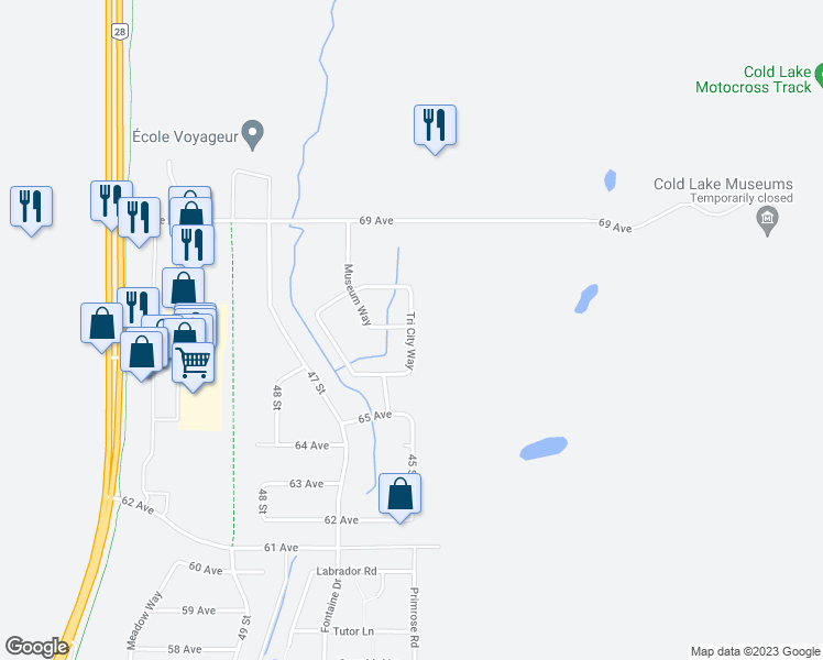 map of restaurants, bars, coffee shops, grocery stores, and more near 6715 Tri City Way in Cold Lake