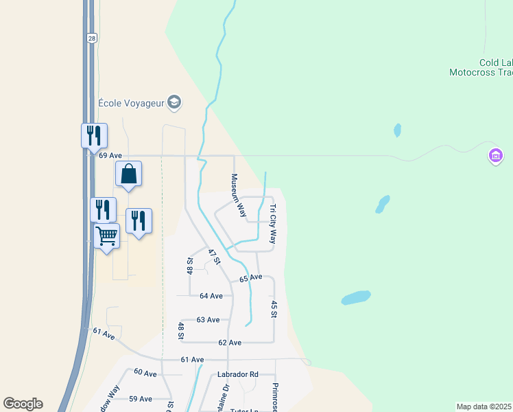 map of restaurants, bars, coffee shops, grocery stores, and more near 6715 Tri City Way in Cold Lake