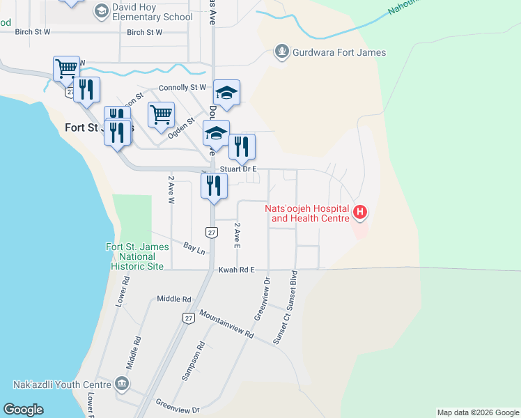 map of restaurants, bars, coffee shops, grocery stores, and more near 237 3 Avenue East in Fort St. James