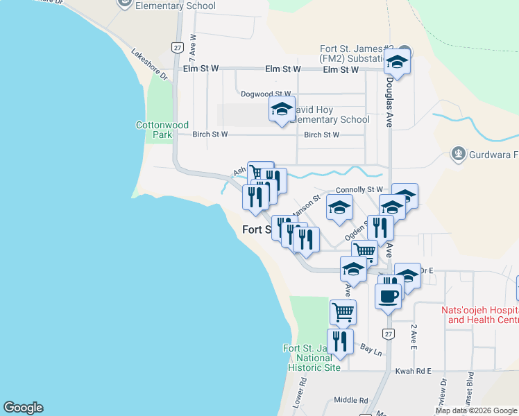 map of restaurants, bars, coffee shops, grocery stores, and more near in Fort St. James