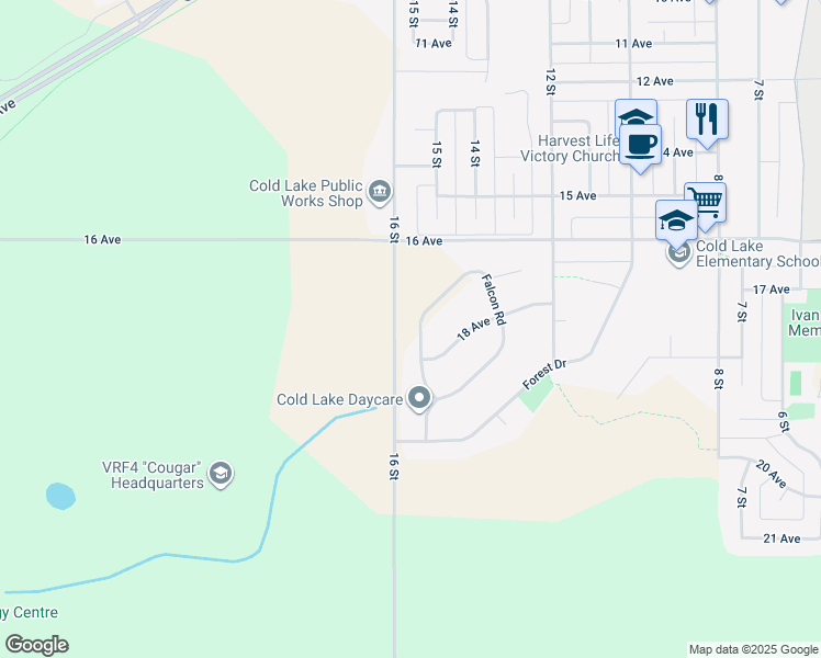 map of restaurants, bars, coffee shops, grocery stores, and more near 21 Falcon Road in Cold Lake