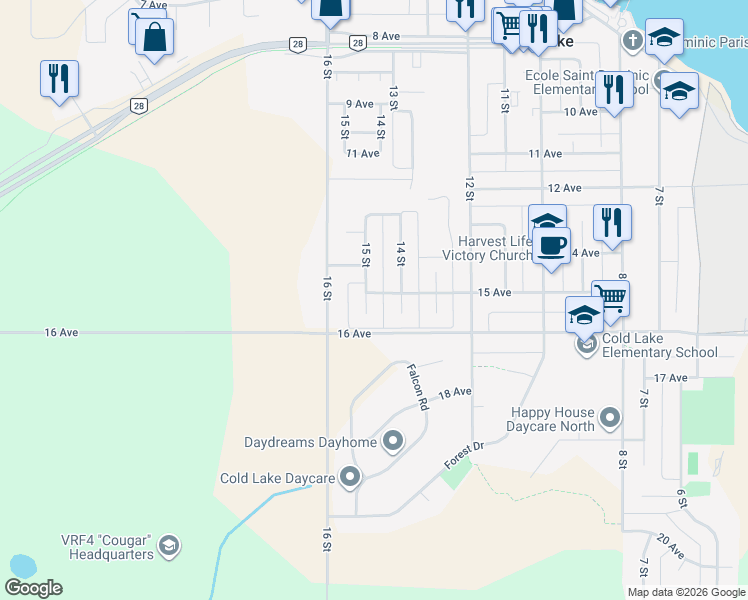 map of restaurants, bars, coffee shops, grocery stores, and more near 1502 15 Street in Cold Lake