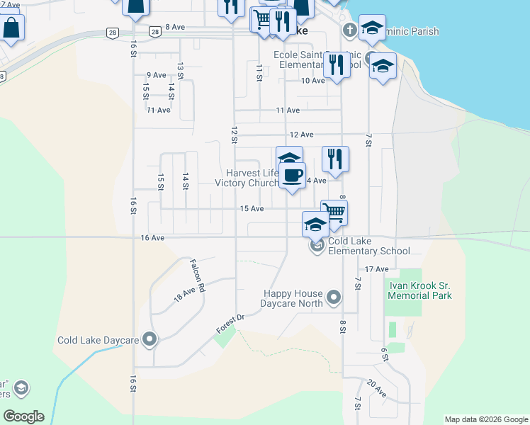 map of restaurants, bars, coffee shops, grocery stores, and more near 1009 15 Avenue in Cold Lake