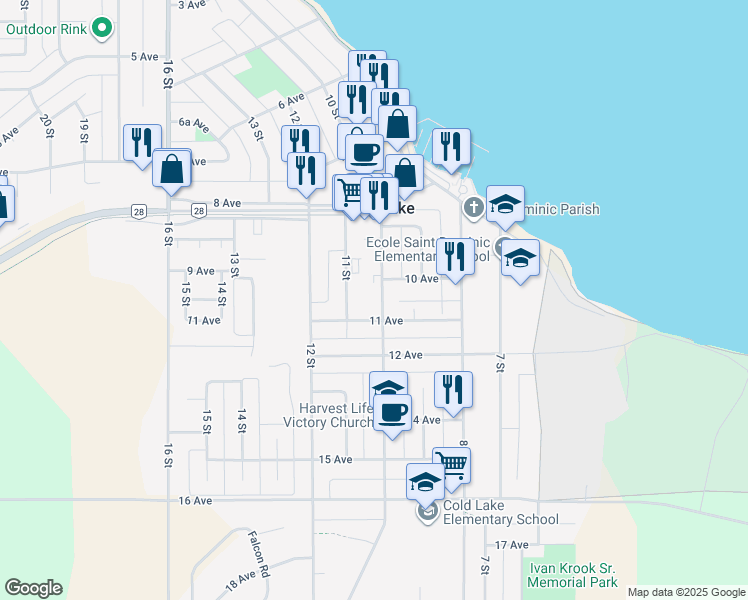 map of restaurants, bars, coffee shops, grocery stores, and more near 921 10 Street in Cold Lake
