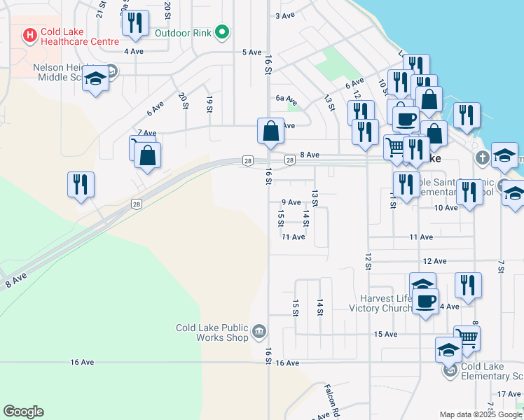 map of restaurants, bars, coffee shops, grocery stores, and more near 901 16 Street in Cold Lake