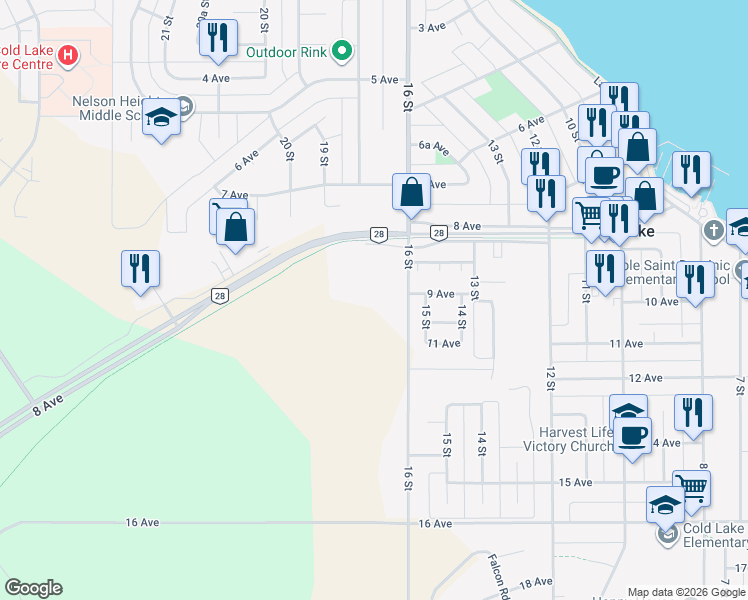 map of restaurants, bars, coffee shops, grocery stores, and more near 901 16 Street in Cold Lake